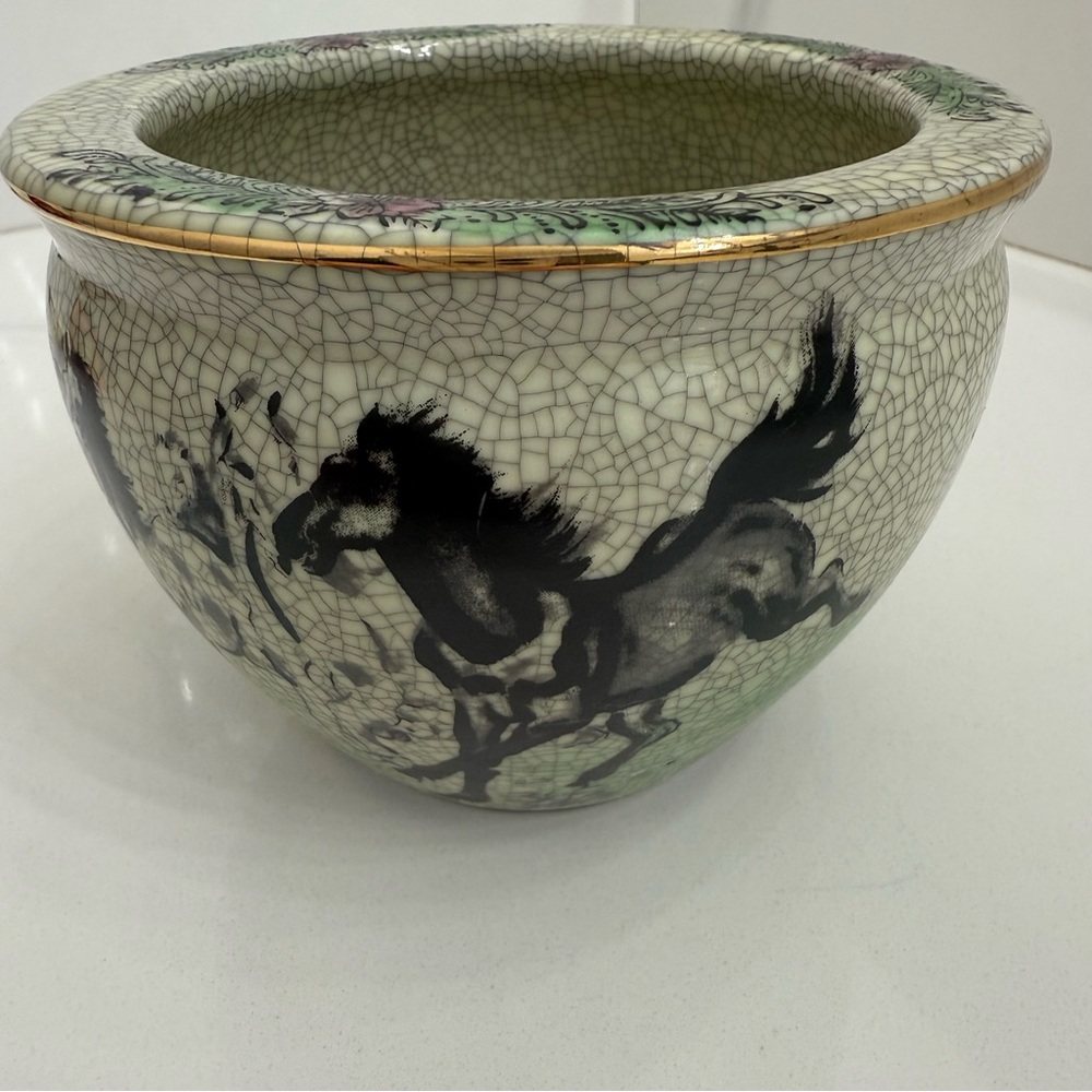 Chinese Style Galloping Horses Ceramic Vase Flower Pot Crackle Glaze Vintage Koi